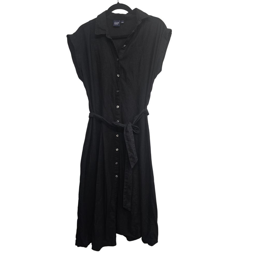 GAP Black Linen Blend Belted Shirt Dress Sz S Coastal Grandma Minimalist Preppy‎